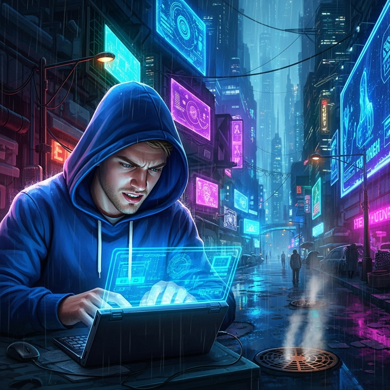 Neon Hacker Art: Young Man in Blue Hoodie Hacking Computer