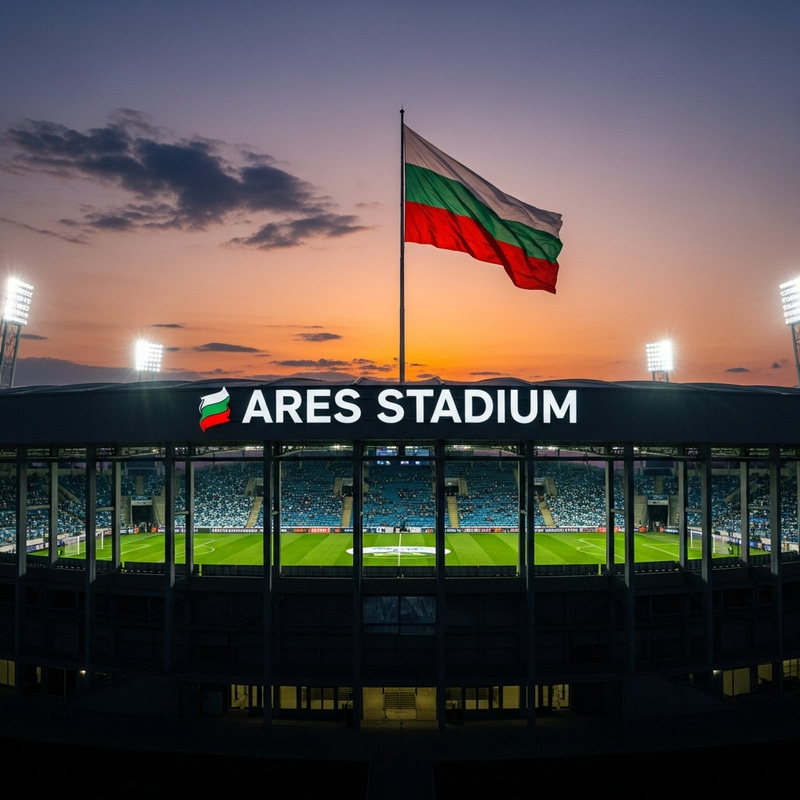 Ares Soccer Stadium Twilight View | Bulgarian Flag Atmosphere Ares Soccer Stadium Twilight View | Bulgarian Flag Atmosphere