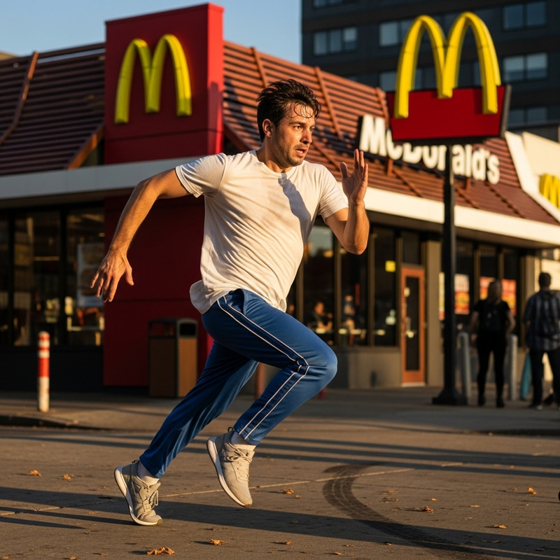 Man Sprinting to McDonald's in White T-Shirt Man Sprinting to McDonald's in White T-Shirt