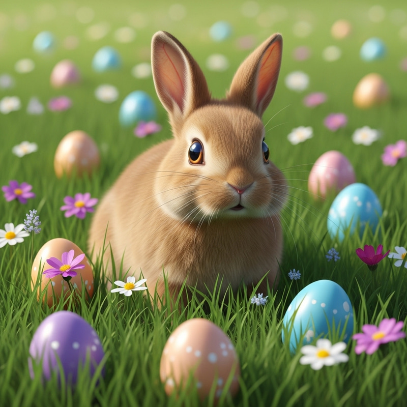 Adorable Easter Rabbit Searching for Eggs among Spring Flowers Adorable Easter Rabbit Searching for Eggs among Spring Flowers