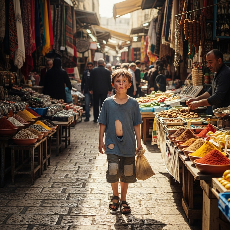 Young Boy Asking for Food in the Streets of Jerusalem Old City Young Boy Asking for Food in the Streets of Jerusalem Old City