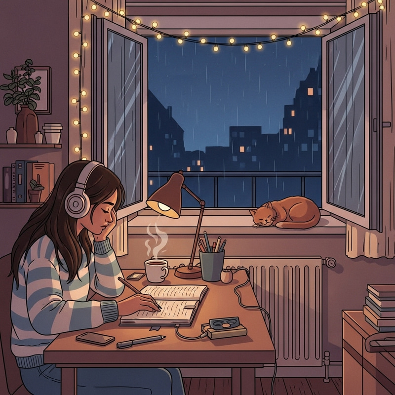 Lofi Theme Girl in Cozy Room - Study Environment