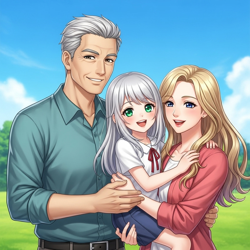 Lovely Family Moment: Green-Eyed Girl with Special Parents