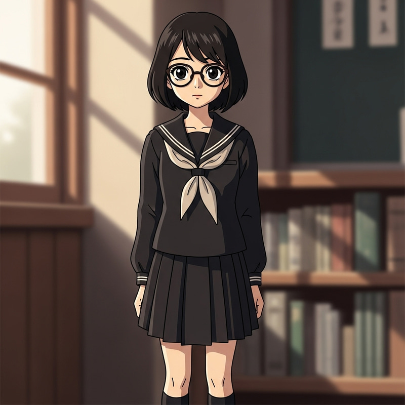 Japanese Schoolgirl with Glasses and Dark Hair in Anime Style