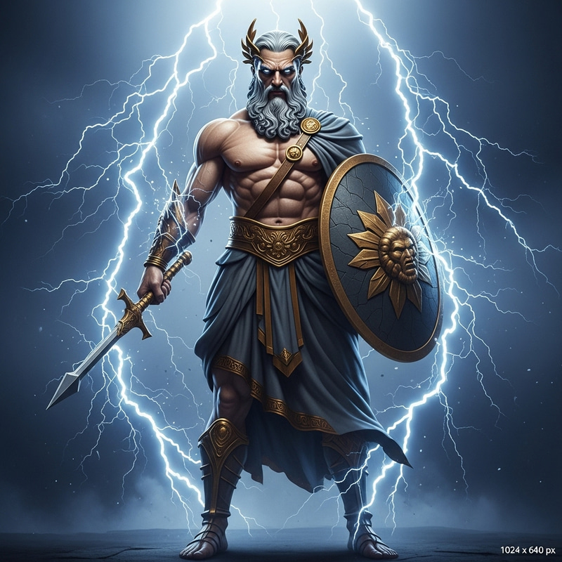 Mythical Zeus: Muscular Figure with Lightning in Greek Myth | 1024x640px Mythical Zeus: Muscular Figure with Lightning in Greek Myth | 1024x640px