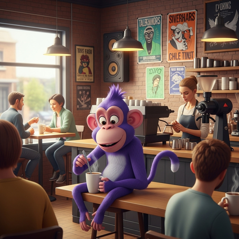 Animated Purple Monkey in Cozy Coffee Shop Animated Purple Monkey in Cozy Coffee Shop