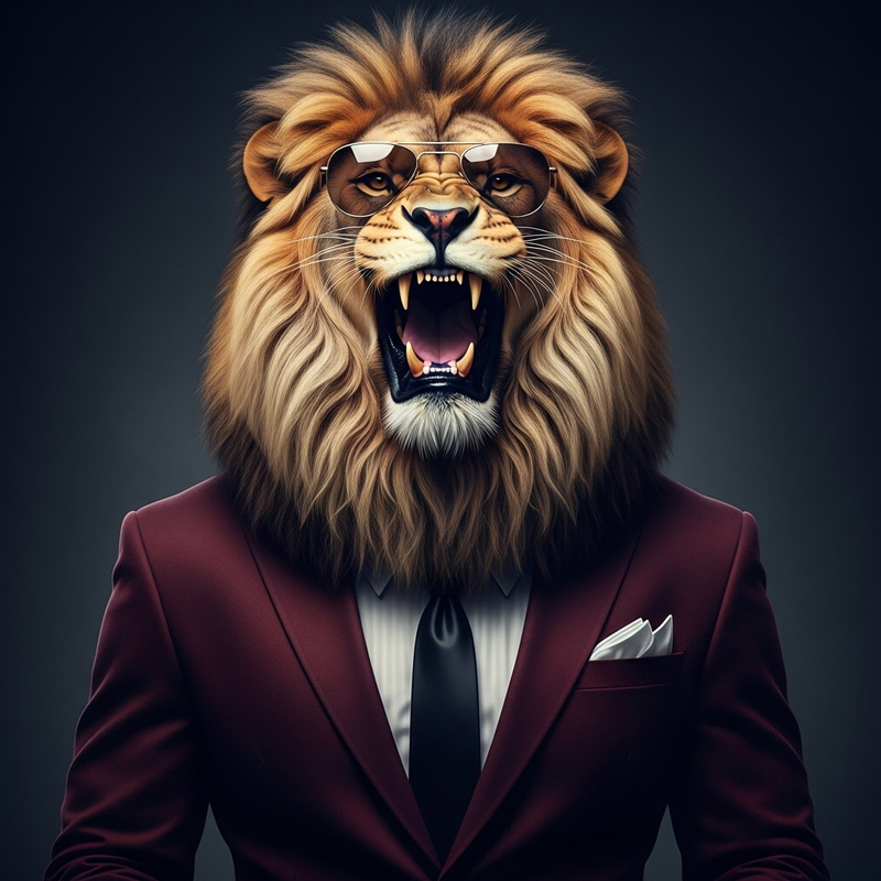 Alpha Lion Roaring in Maroon Suit with Designer Sunglasses Alpha Lion Roaring in Maroon Suit with Designer Sunglasses