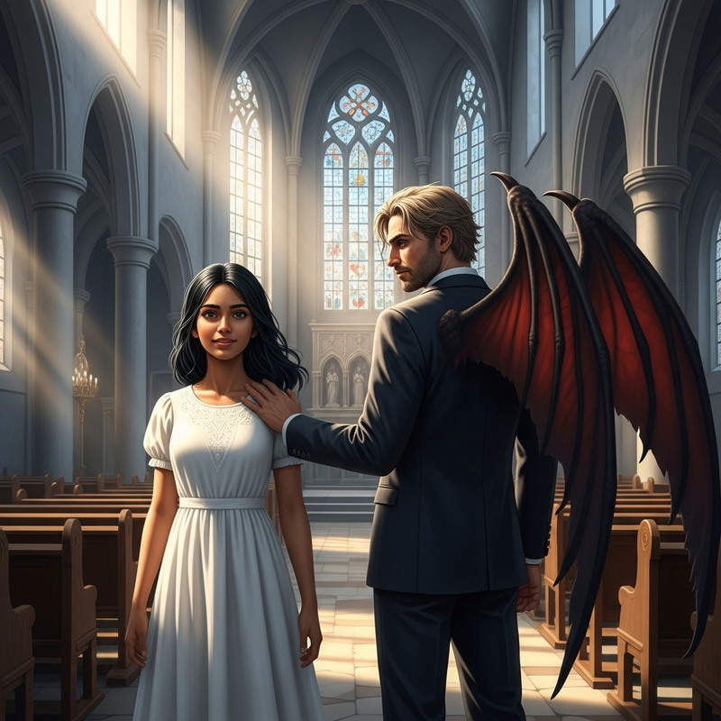European Church Demon Winged Man & Girl in White Dress European Church Demon Winged Man & Girl in White Dress