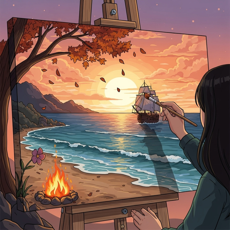 Mysterious Artist Painting Serene Sunset Scene in Cartoon Style