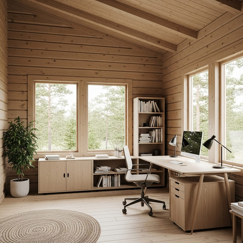 Minimal Scandinavian Cabin Office with Natural Vibe