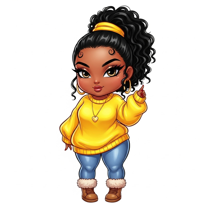 Vivid Chibi Illustration: Curvy African American Woman in Yellow Sweater Vivid Chibi Illustration: Curvy African American Woman in Yellow Sweater