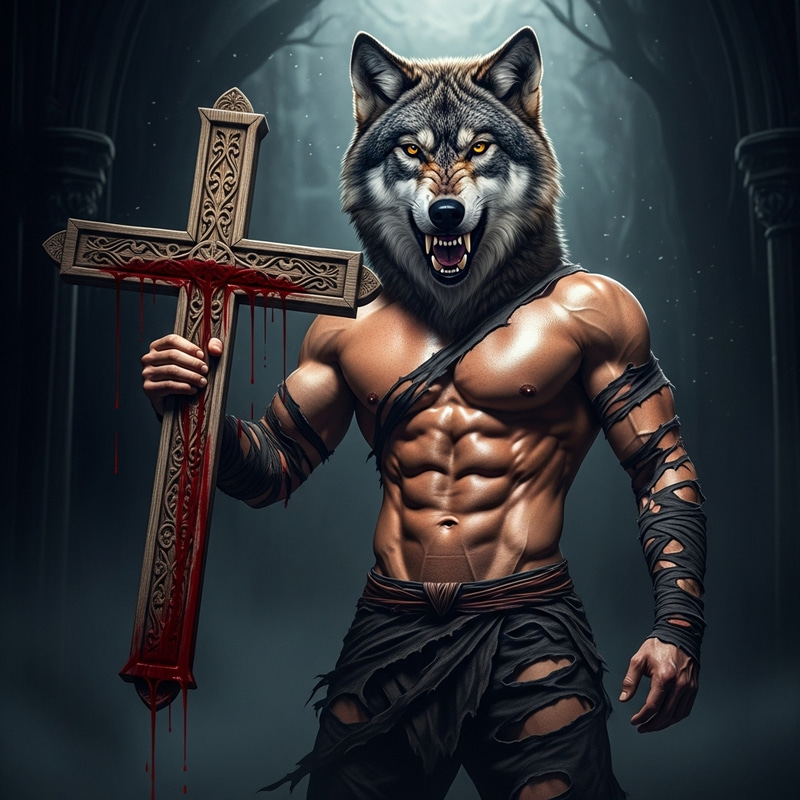 Muscular Wolf-Headed Man Holding Cross with Dripping Blood