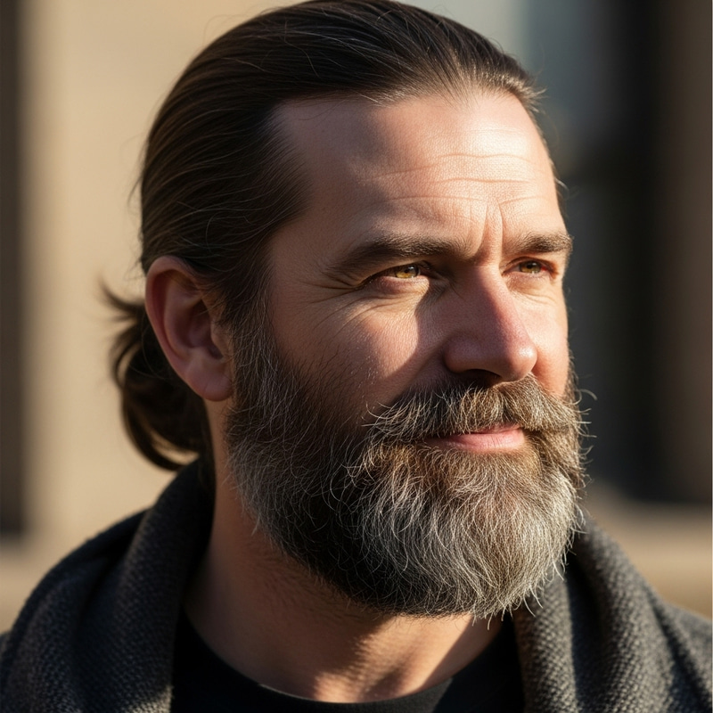 Middle-Aged Man with Gray Beard and Long Ponytail Hairstyle Middle-Aged Man with Gray Beard and Long Ponytail Hairstyle
