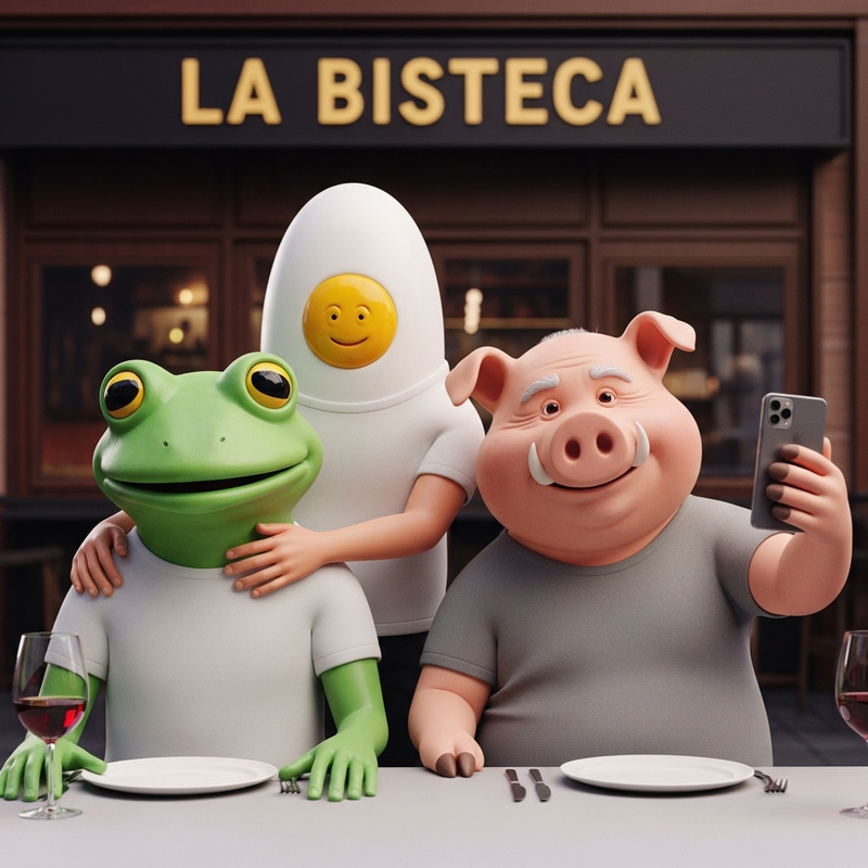 3D Image of Old Pig, Frog-Faced Man, and Egg-Faced Man at La Bistecca Restaurant
