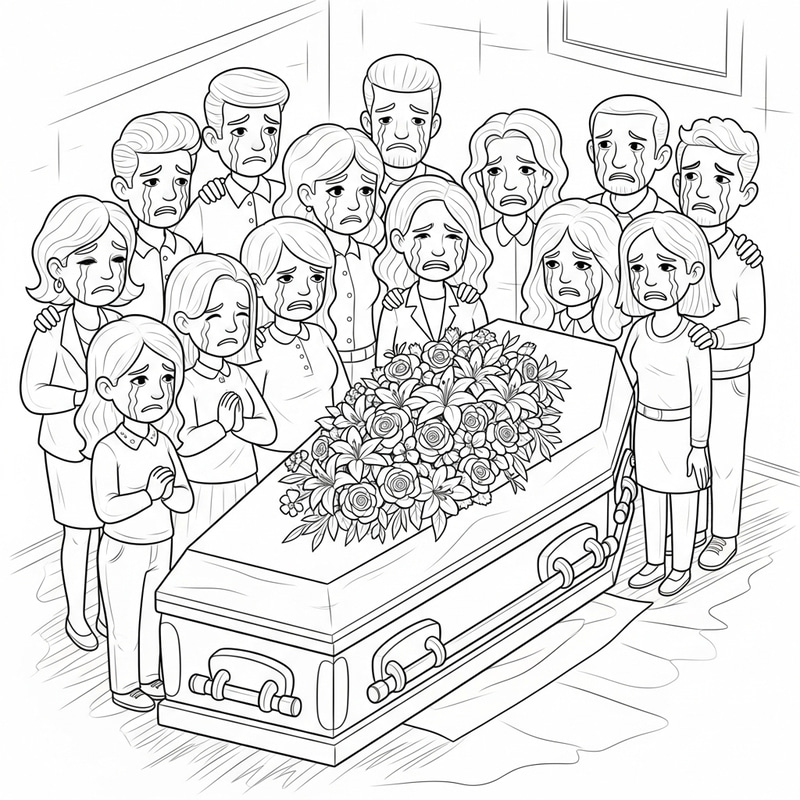Whimsical Cartoon Coffin Coloring Page with Sad People and Flowers Whimsical Cartoon Coffin Coloring Page with Sad People and Flowers