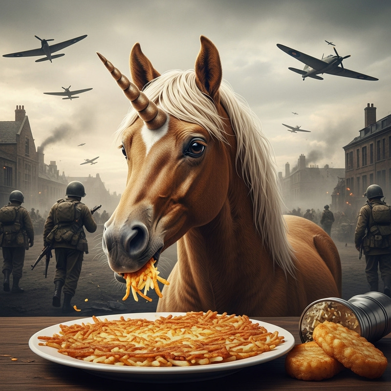 Vintage Unicorn Eating Hash Browns During World War 2 Vintage Unicorn Eating Hash Browns During World War 2