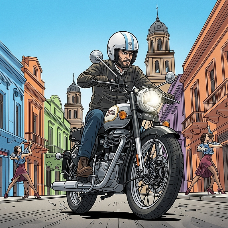 Argentinean Motorcyclist on Royal Enfield in Vibrant Comic Book Scene Argentinean Motorcyclist on Royal Enfield in Vibrant Comic Book Scene