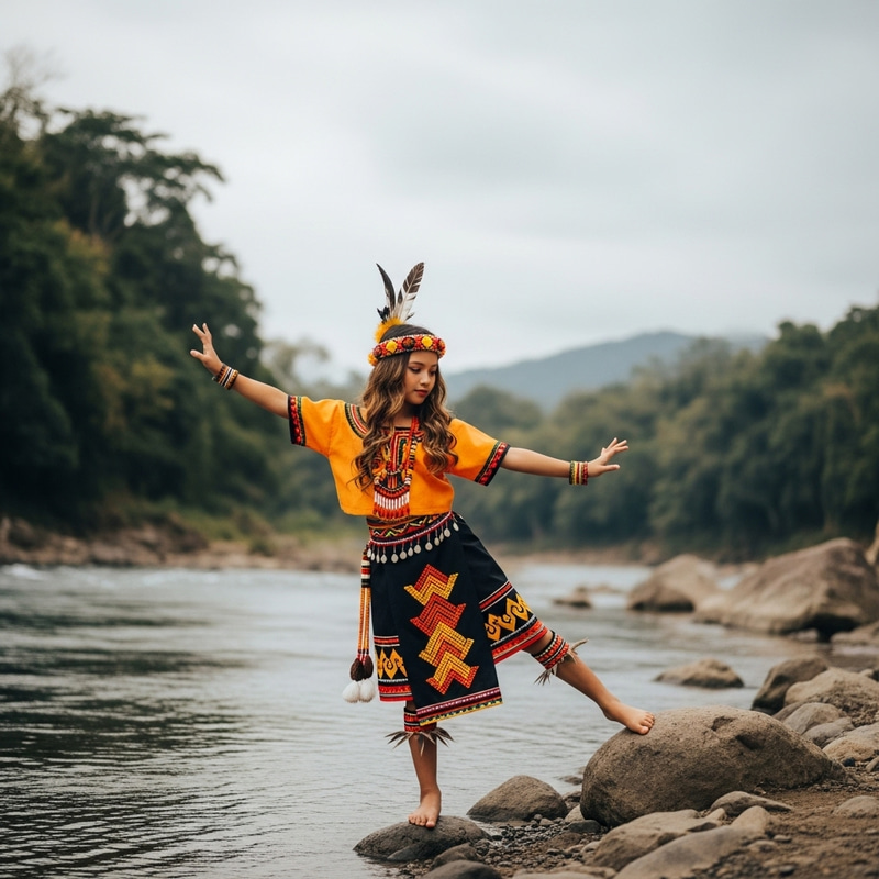 Dynamic Filipino Girl in Vibrant Tribal Attire | Cultural Scene Dynamic Filipino Girl in Vibrant Tribal Attire | Cultural Scene
