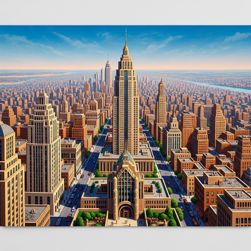 Glamorous Art Deco Cityscape with Gold Accents | Aerial Geometric Oil Painting