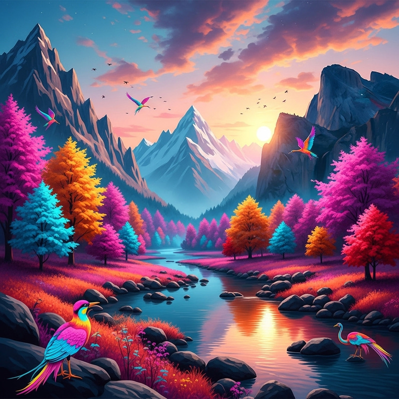 Surreal Mountain Landscape with Neon Hues and Colossal Guardians Surreal Mountain Landscape with Neon Hues and Colossal Guardians