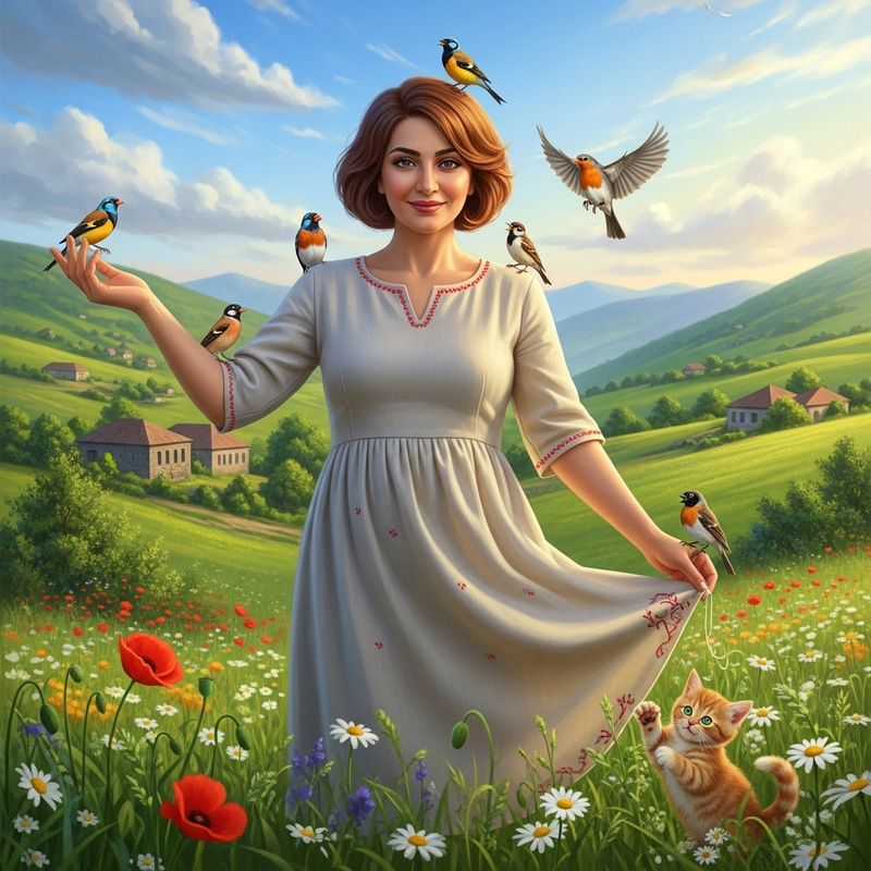 Armenian Woman in Pixar Style: 45-Year-Old with Russet Bob, Surrounded by Singing Birds & Ginger Kitten