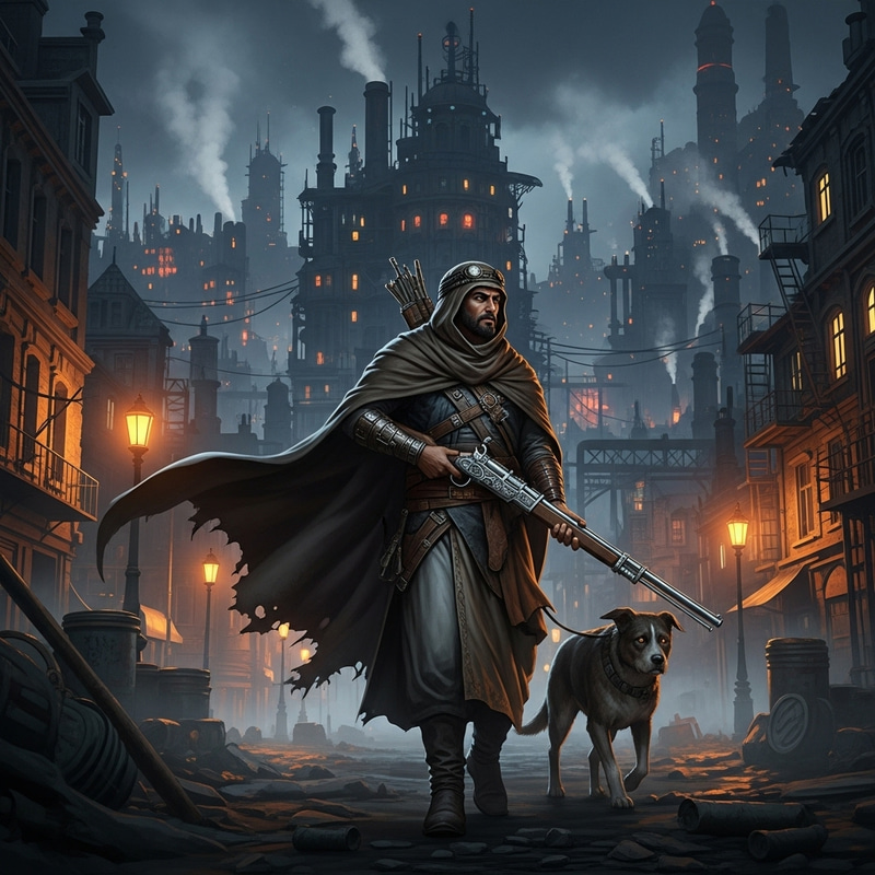 Middle-Eastern Hunter in Urban Night - Steampunk Cityscape Middle-Eastern Hunter in Urban Night - Steampunk Cityscape