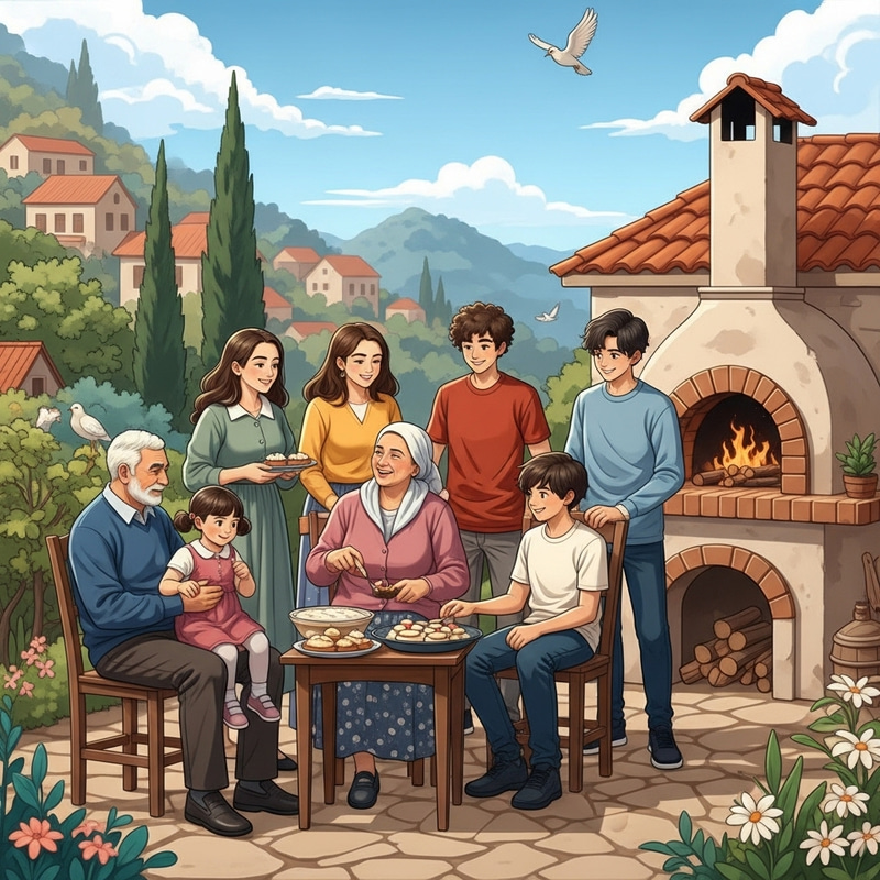 Levantine Family Joyfully Celebrating New Year with Dessert Preparations in Scenic Village