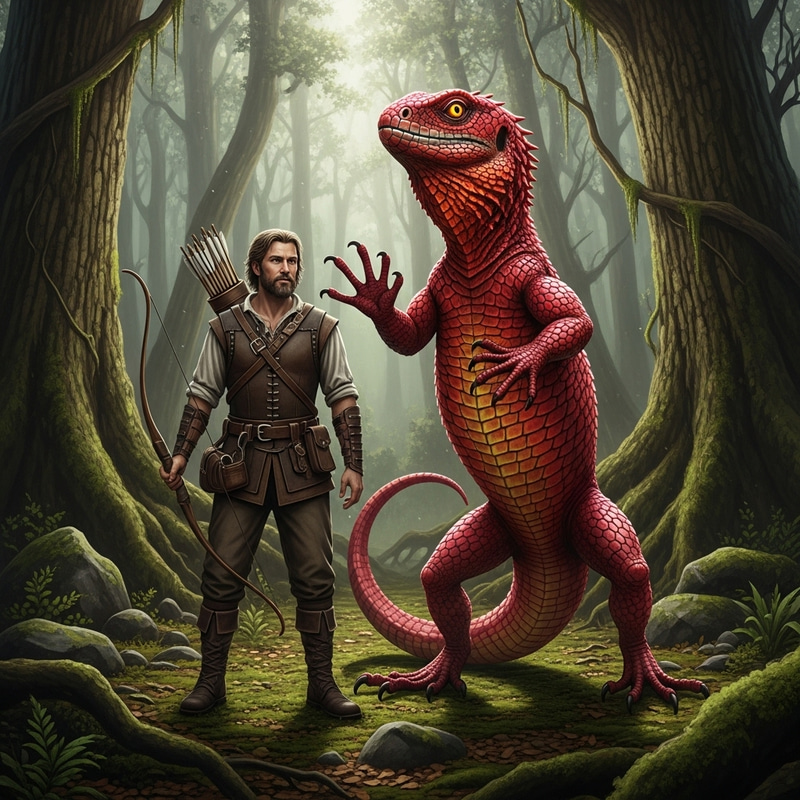 Hunter with Human-Sized Red Lizard - Captivating Image