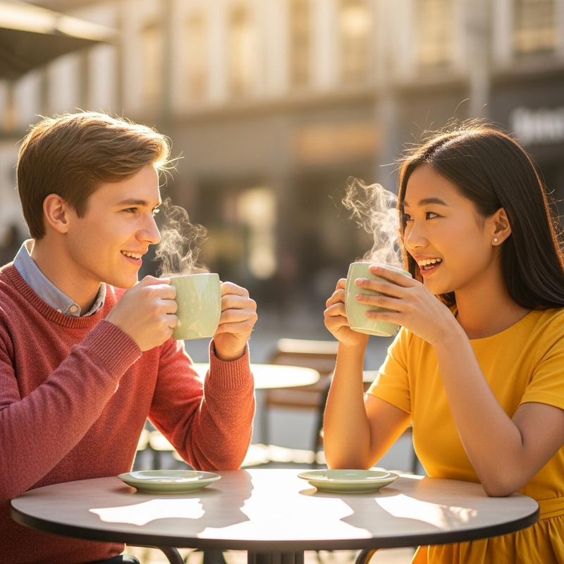 Urban Café Scene: Boy and Girl Savoring Coffee Outdoors Urban Café Scene: Boy and Girl Savoring Coffee Outdoors