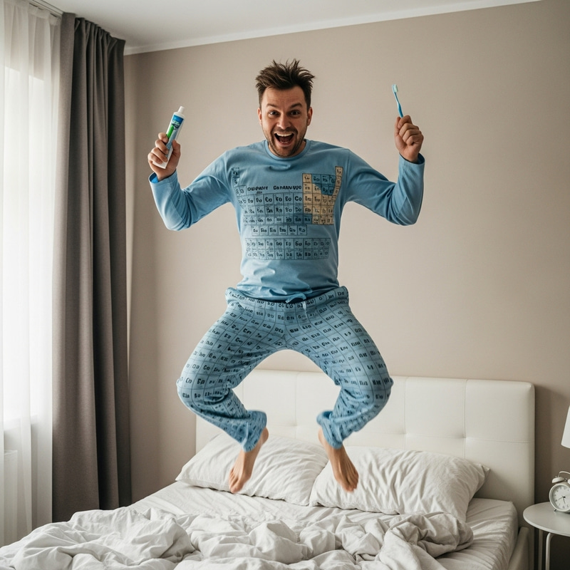 Cheerful Scientist Bouncing on Bed with Toothpaste and Toothbrush Cheerful Scientist Bouncing on Bed with Toothpaste and Toothbrush