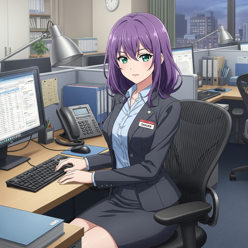 Anime Girl: Purple Hair, Green Eyes in Office Uniform