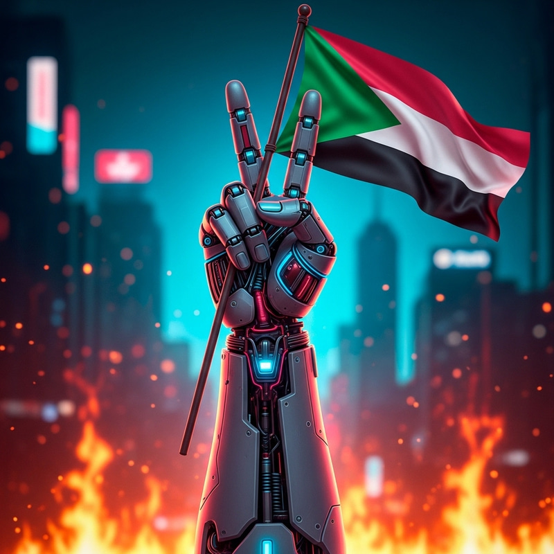Cyborg Fist for Peace: Future Protest with Palestinian Flag Cyborg Fist for Peace: Future Protest with Palestinian Flag
