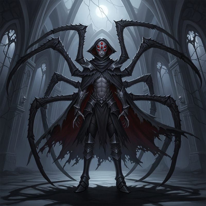 Dark Fantasy Spider-Like Humanoid with Four Eyes Dark Fantasy Spider-Like Humanoid with Four Eyes