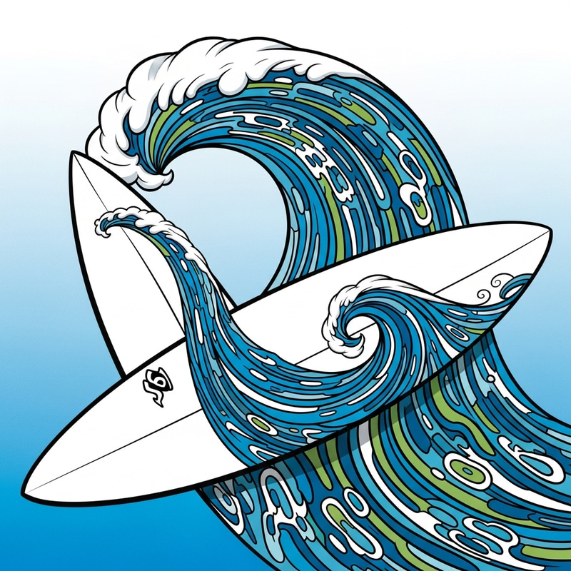 Stylized Surfboard with Wave Art - Surfboard Decor Stylized Surfboard with Wave Art - Surfboard Decor