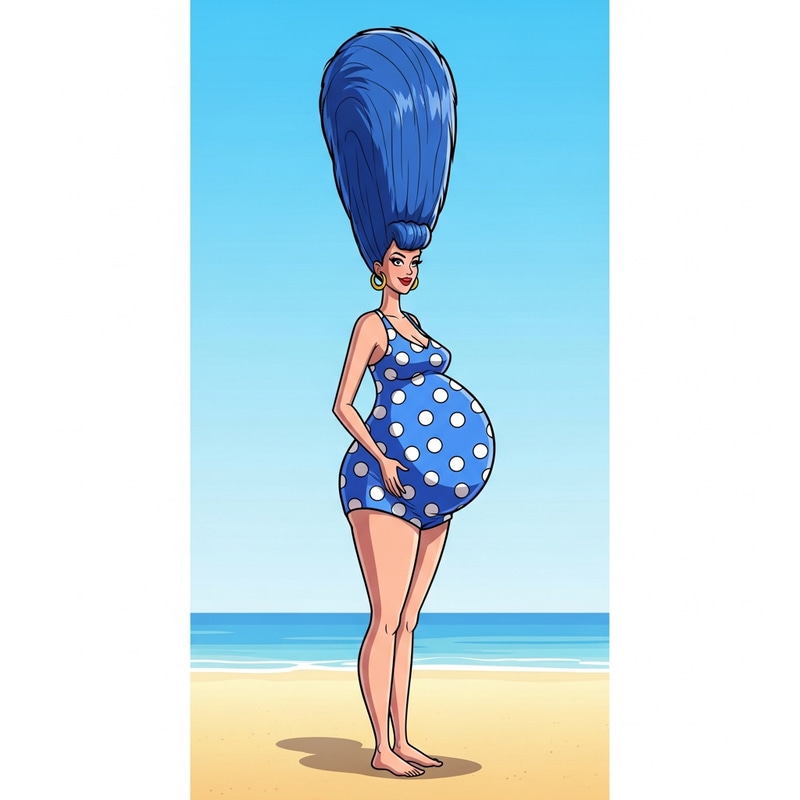 Pregnant Marge Simpson in Polka Dot Swimsuit on Empty Beach Pregnant Marge Simpson in Polka Dot Swimsuit on Empty Beach