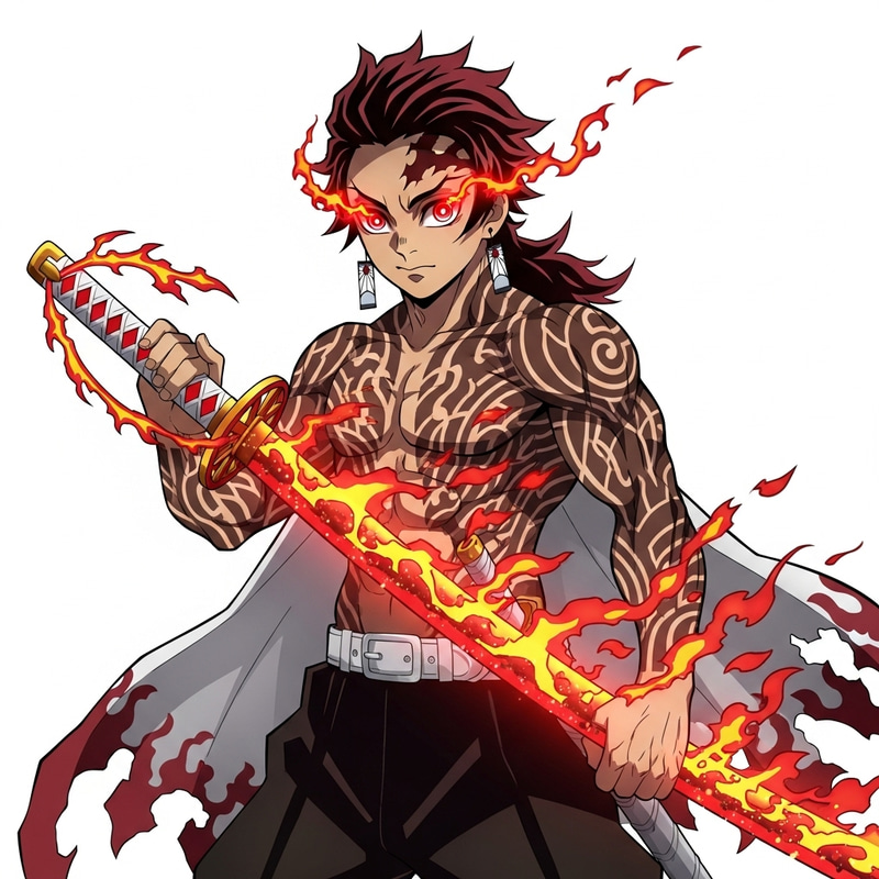 Intense Anime Swordsman with Flaming Katana | Red Hair, Tattoos Intense Anime Swordsman with Flaming Katana | Red Hair, Tattoos