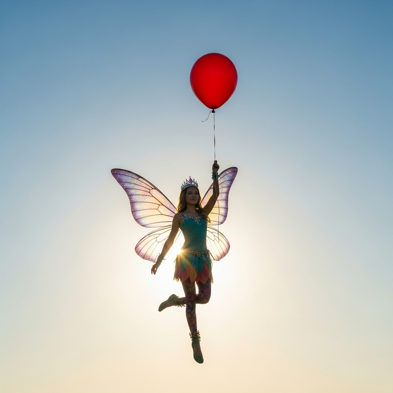 Enchanting Fairy with Red Balloon | Magical Sunlit Backdrop Enchanting Fairy with Red Balloon | Magical Sunlit Backdrop