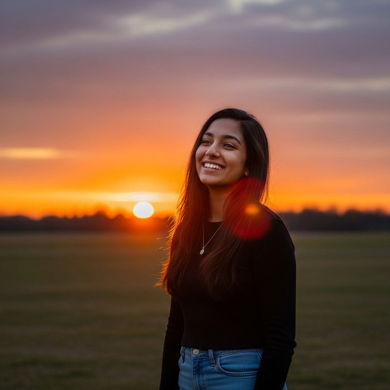 Serene South Asian Girl Enjoying Sunset in Open Field Serene South Asian Girl Enjoying Sunset in Open Field