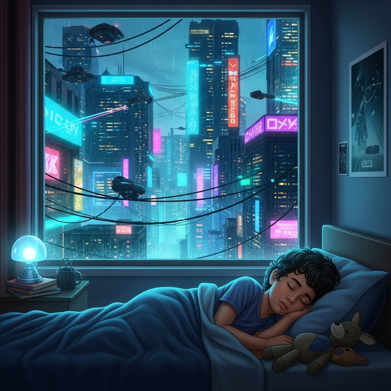 Hispanic Boy Sleeping in Cyberpunk Room Hispanic Boy Sleeping in Cyberpunk Room