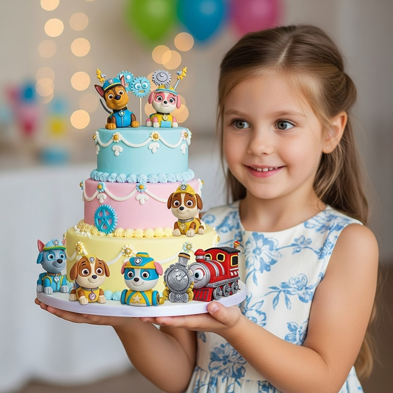 Delightful Girl Holding Decorative Cake with Fixies Embellishments