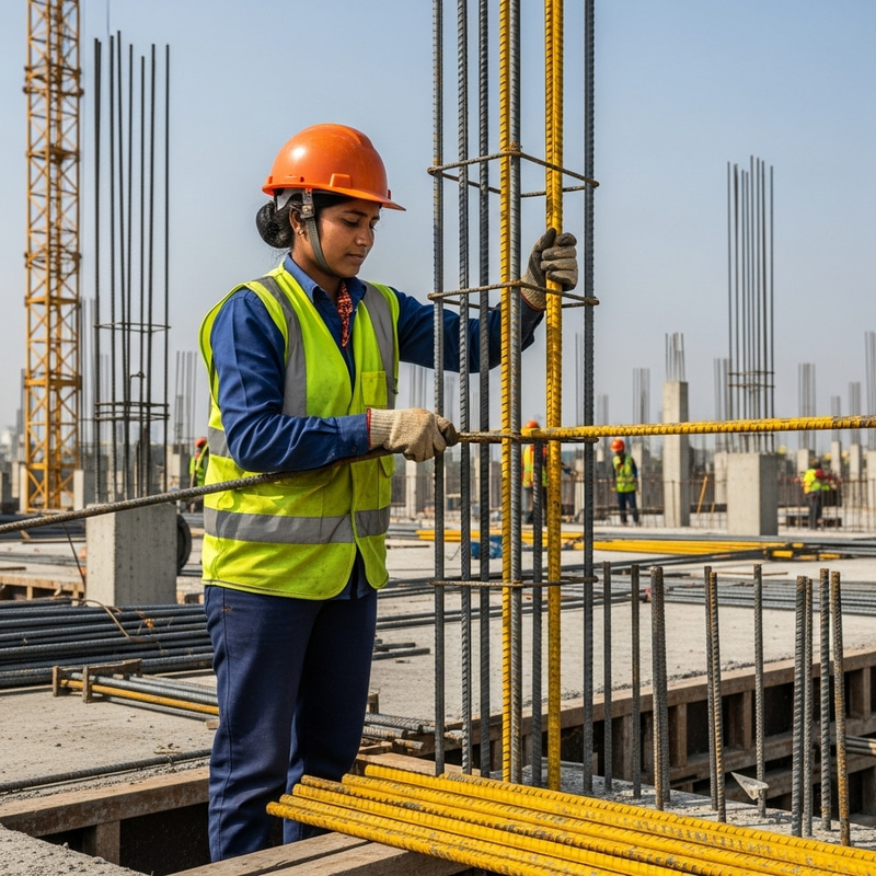 South Asian Female Worker Using Yellow TMT Bar in Building Construction South Asian Female Worker Using Yellow TMT Bar in Building Construction