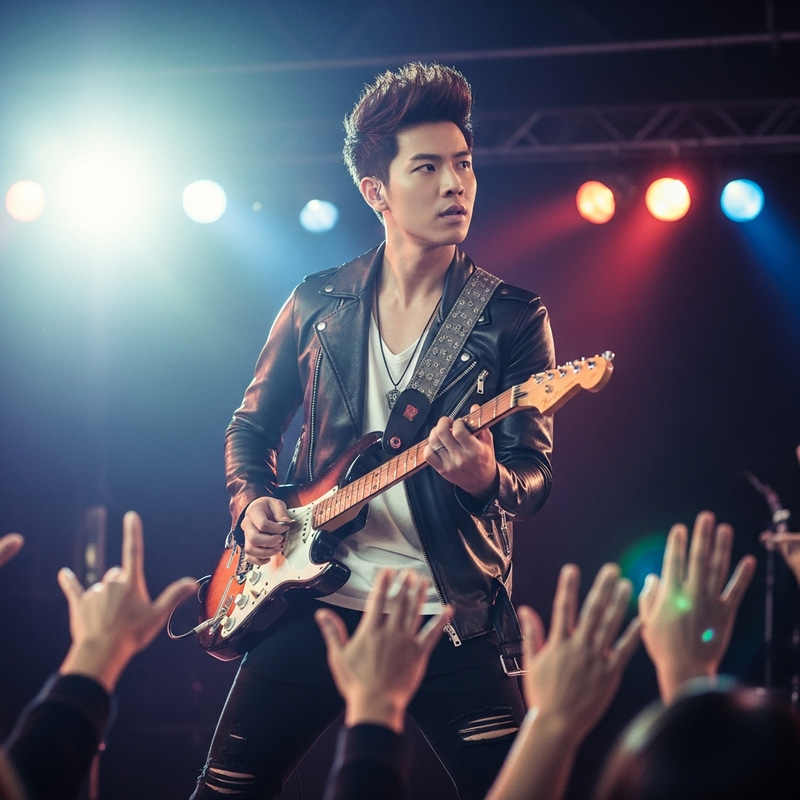 Asian Male Musician Performing Live with Electric Guitar in Dynamic Stage Presence
