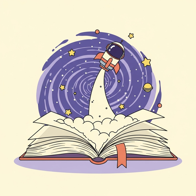 Kawaii Art: Spaceship Launching from Open Book