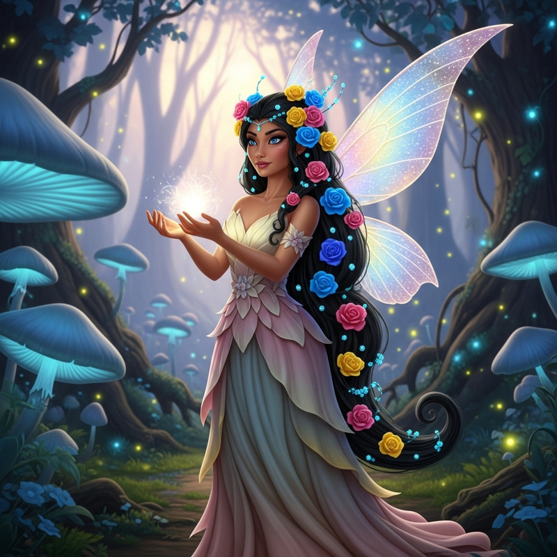 Chingky Blue-Eyed Fairy Woman with Moreno Skin and Rose Adorned Hair