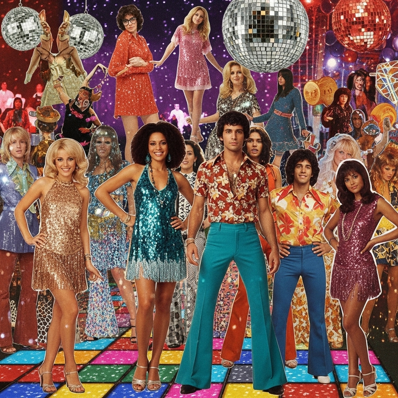 Vibrant 70s Disco Collage: Glitz, Glamour & Iconic Style Vibrant 70s Disco Collage: Glitz, Glamour & Iconic Style