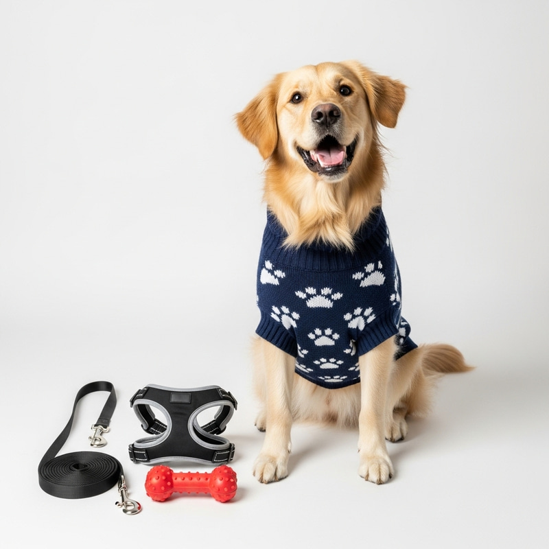 Happy Dog in Sweater | Leash, Harness & Toy | Joyful Pet Scene Happy Dog in Sweater | Leash, Harness & Toy | Joyful Pet Scene