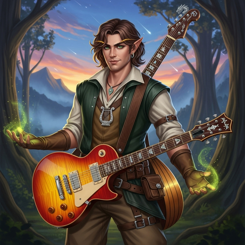 Male Half-Elf Bard with Sunburst Fender Stratocaster Illustration Male Half-Elf Bard with Sunburst Fender Stratocaster Illustration