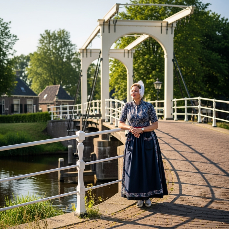 Serene Dutch Woman by Bridge: Tranquility and Elegance