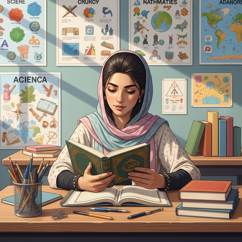 Young Student Reading Quran in a School Setting Young Student Reading Quran in a School Setting