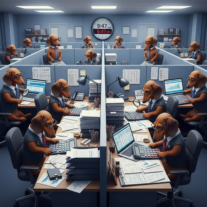 Accounting Office with Dachshund Team Members Accounting Office with Dachshund Team Members